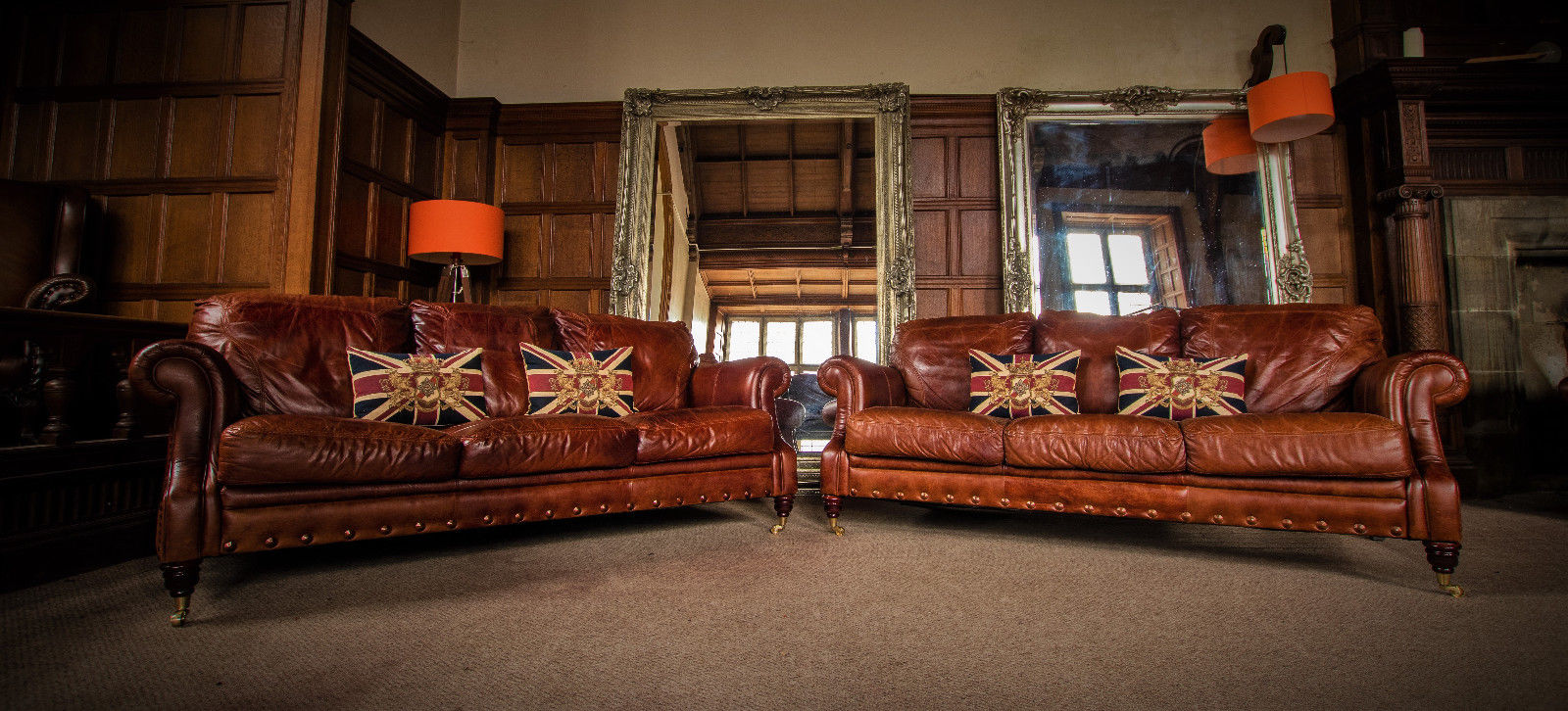 Pair of Victorian Style Chestnut Antique Tan Brown Leather 3 Seater Club Sofas