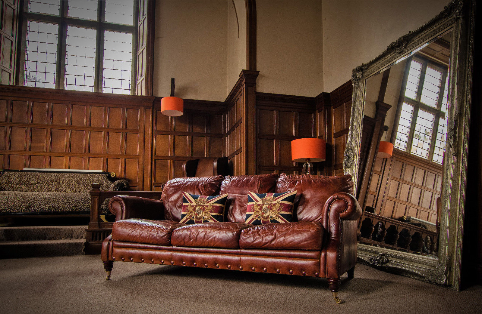 Victorian Style Chestnut Antique Tan Brown Leather 3 Seater Club Sofa 2 of Pair