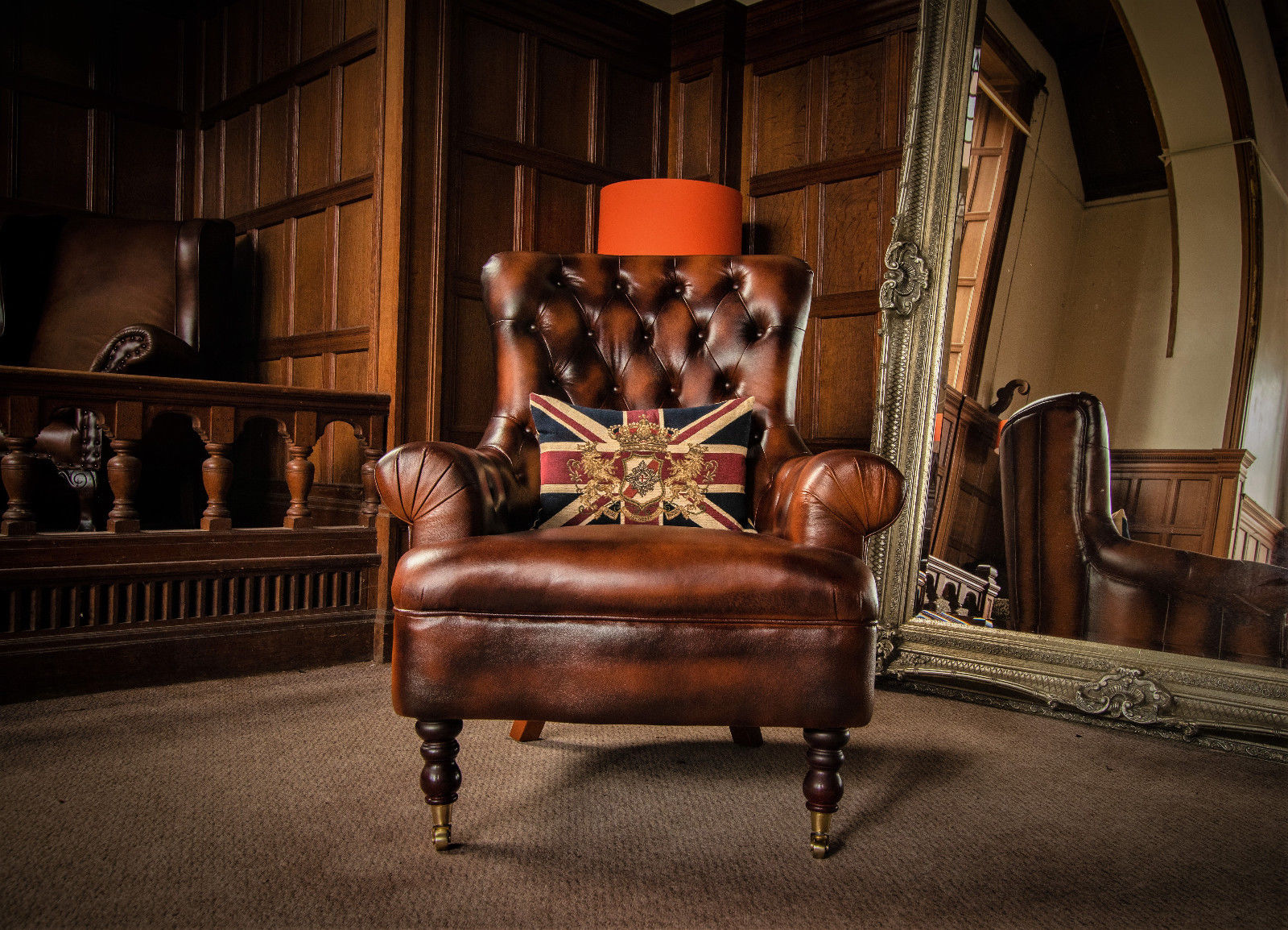 John Lewis Calvay Antique Brown Leather Chesterfield Library Armchair 2 of Pair
