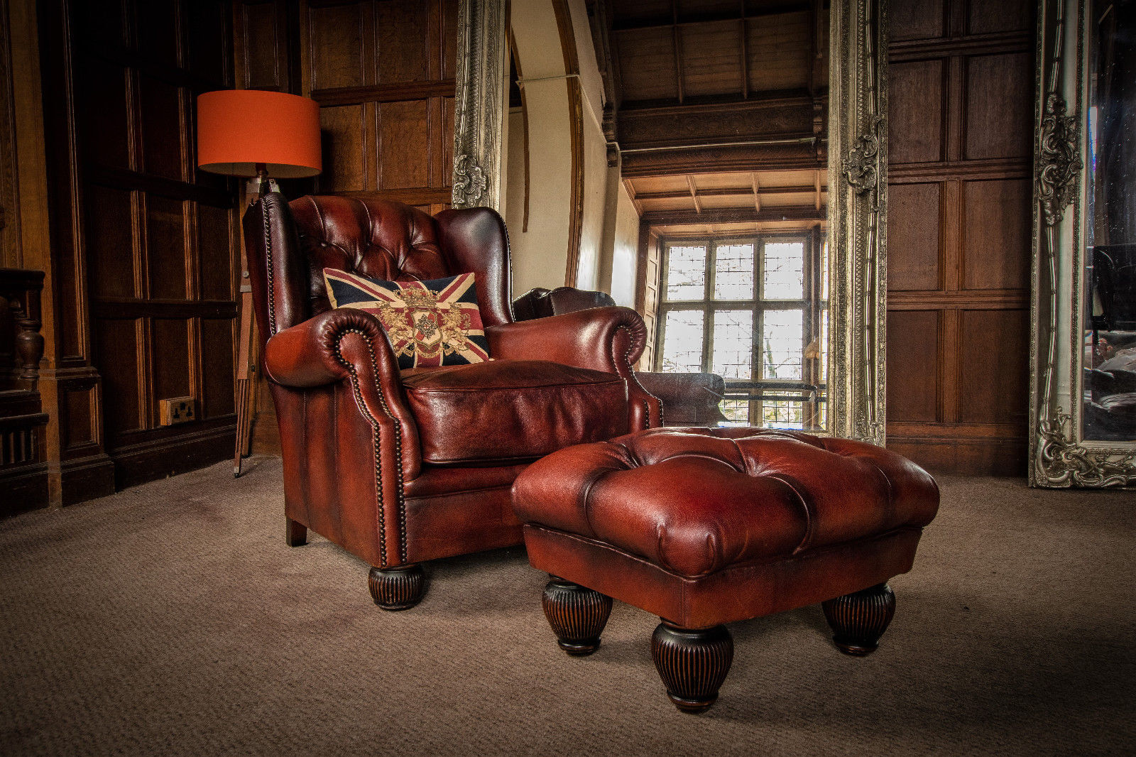 Tetrad Oskar Conker Brown Leather Chesterfield Wingback Library Armchair & Stool