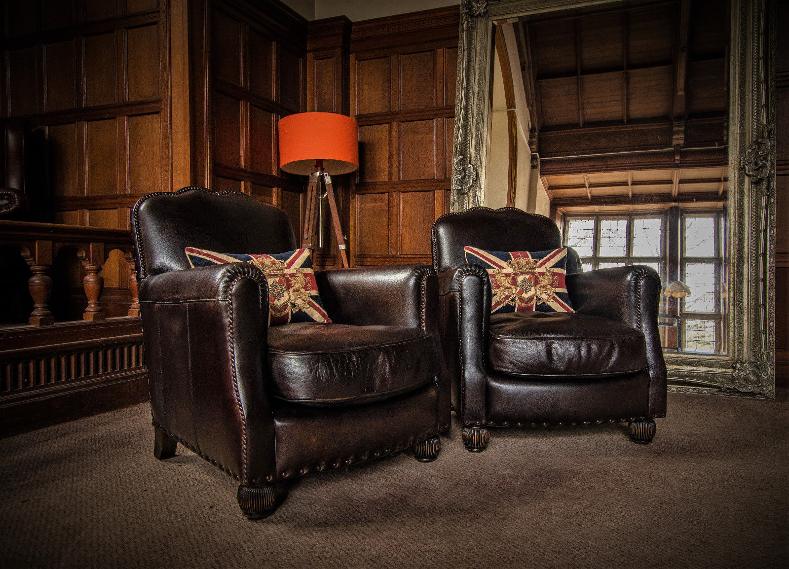 Pair Tetrad Oskar Art Deco Antique Black-Brown Leather Chesterfield Club Chairs