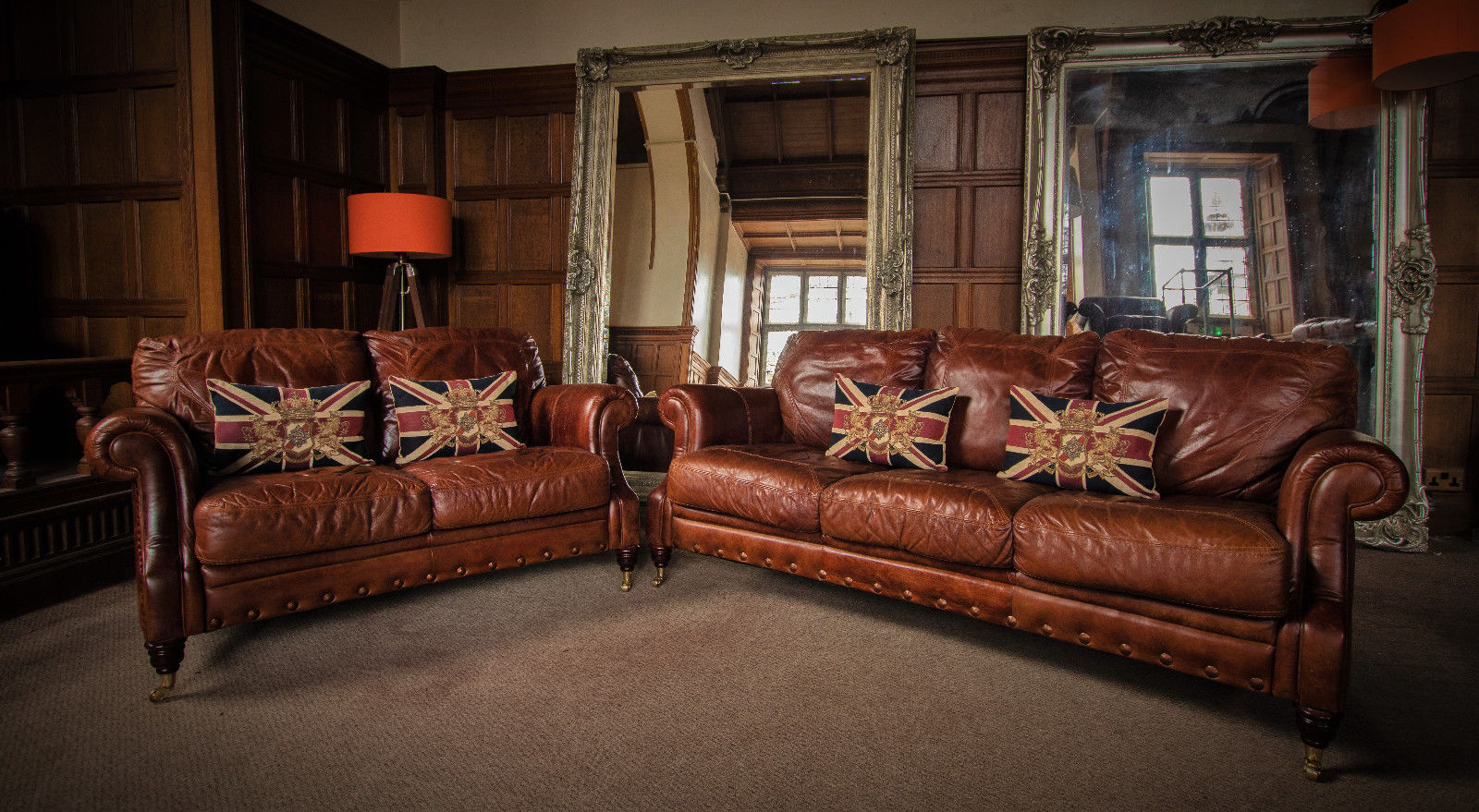 Pair of Victorian Style Chestnut Antique Tan Brown Leather 3&2 Seater Club Sofas
