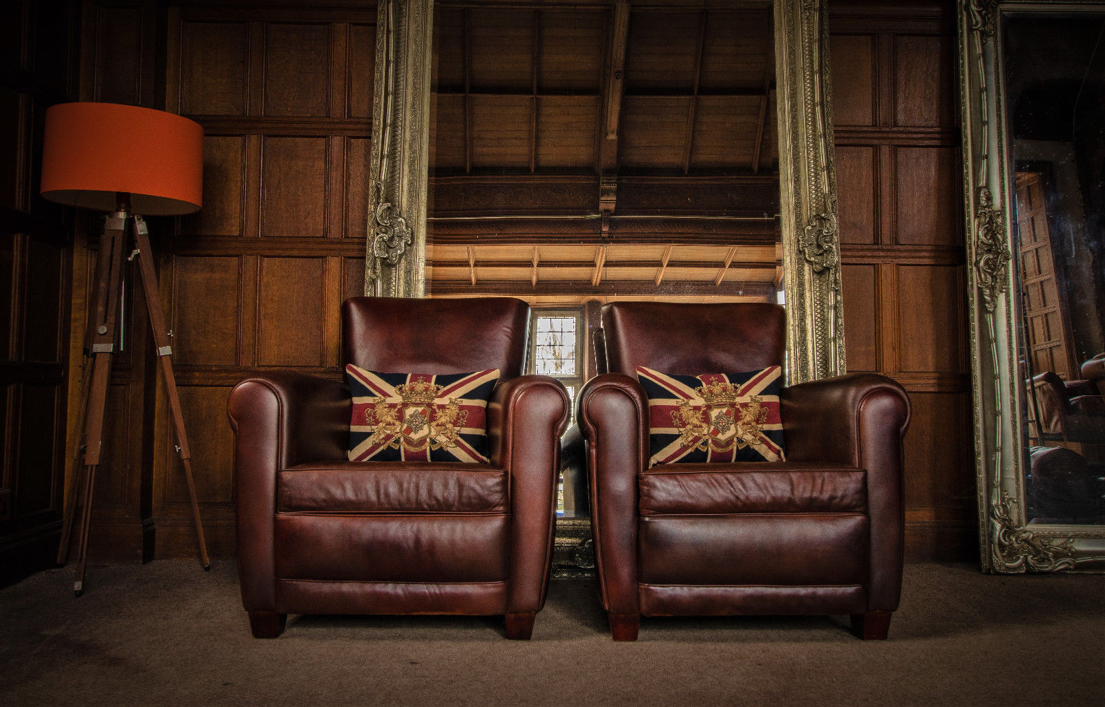 Pair of Designer Burlington Antique Distressed Brown Leather Club Armchairs