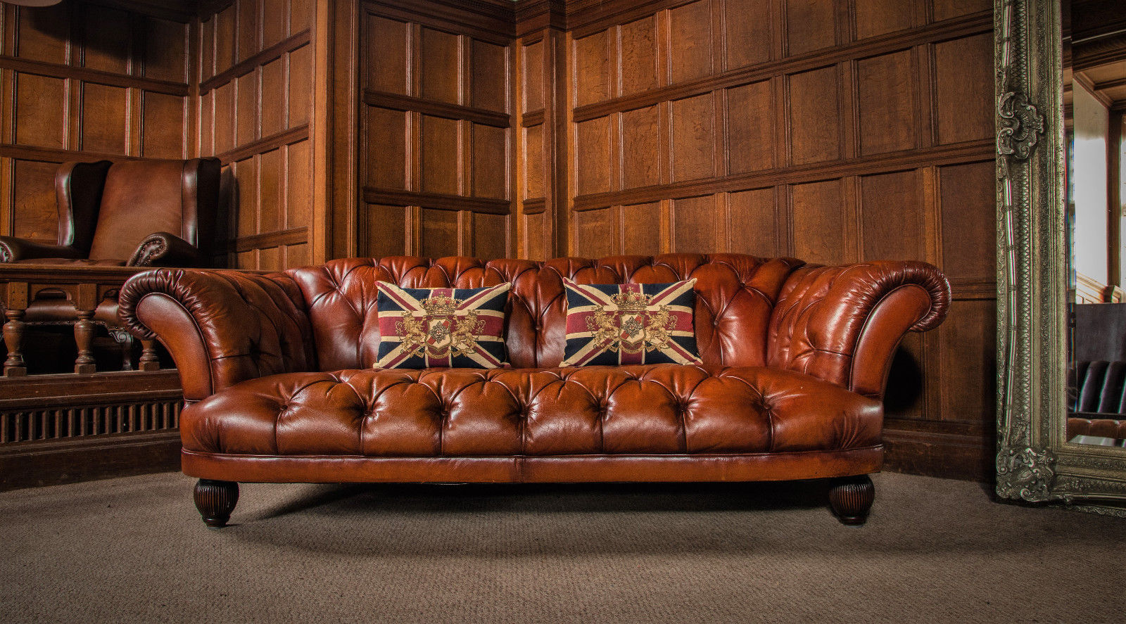 Pair of Large Tetrad Oskar Tan Brown Leather Chesterfield 3/4 Seater Club Sofas