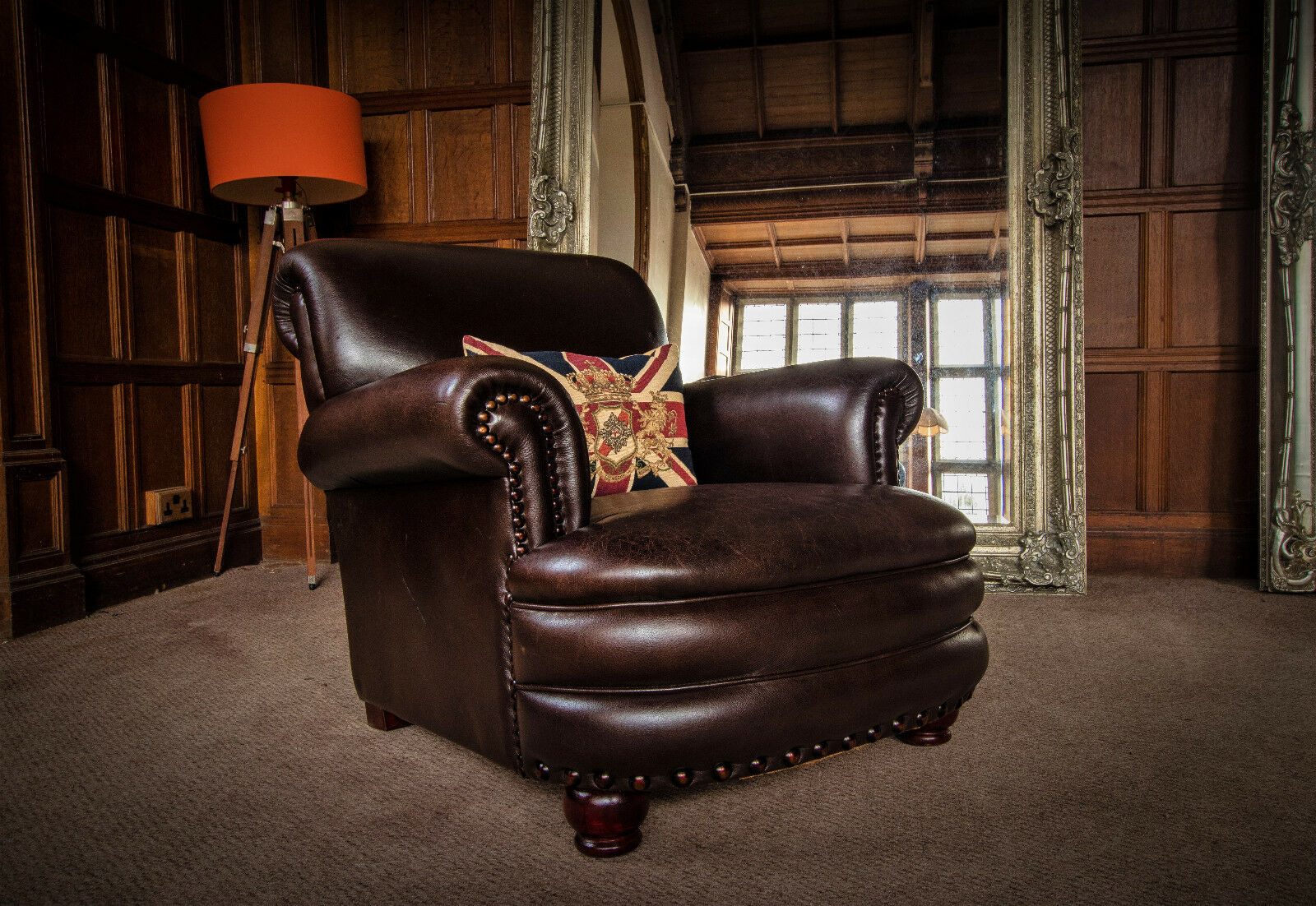 French Cigar Antique Brown Distressed Leather Chesterfield Club Chair 1 of Pair