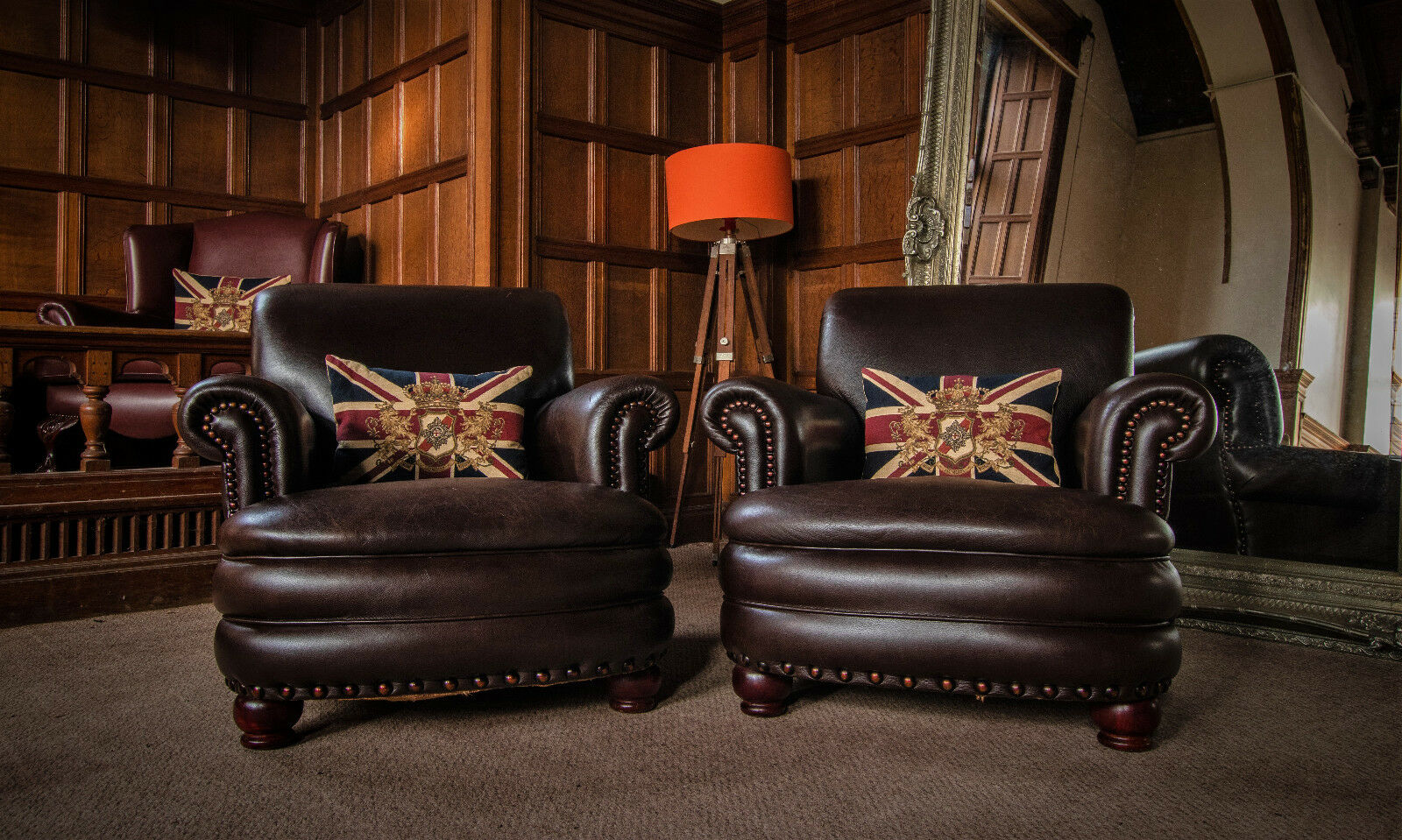 Pair of French Antique Cigar Brown Distressed Leather Chesterfield Club Chairs
