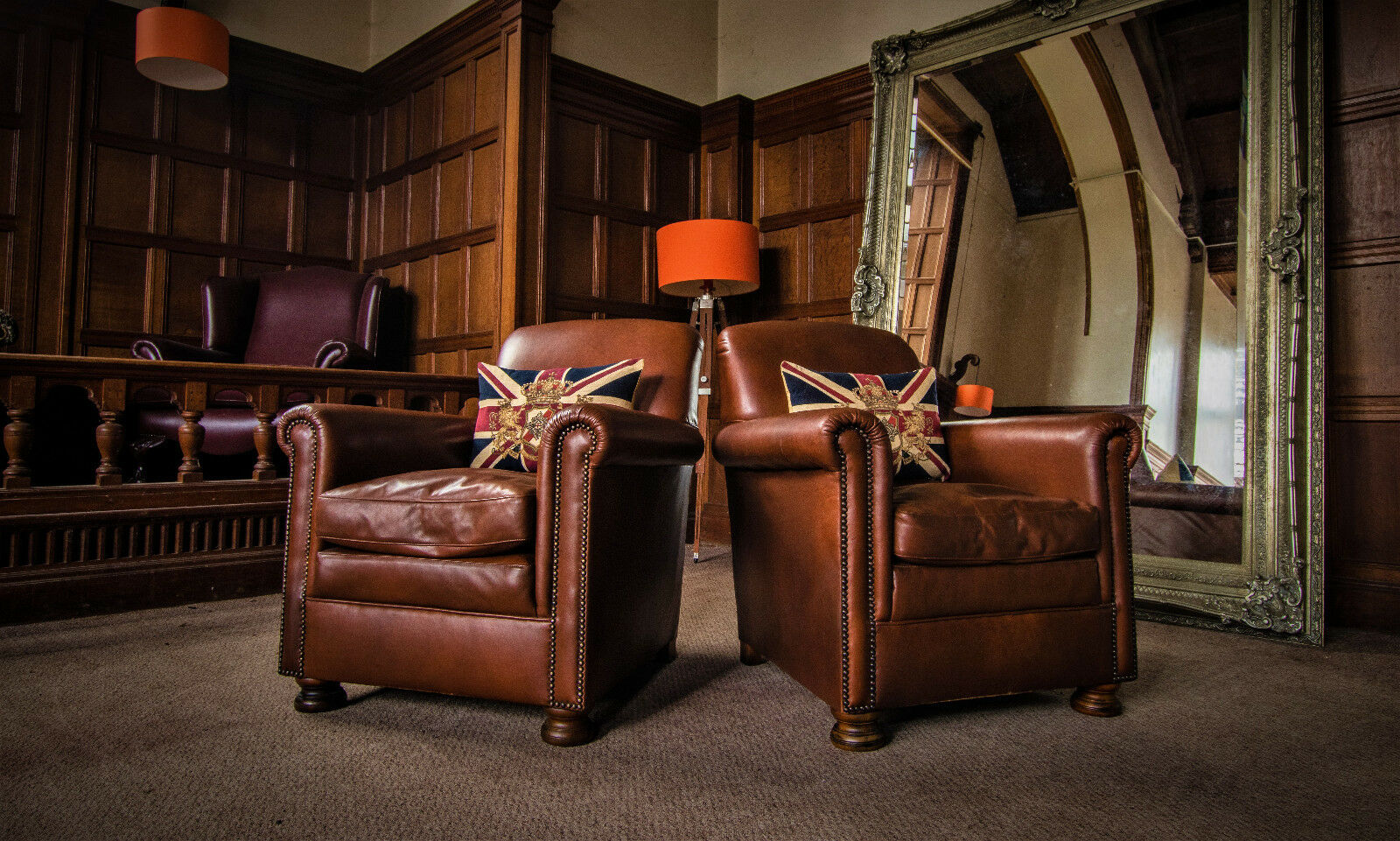 Pair of Tetrad Prince Antique Tan Brown Leather Chesterfield Club Library Chairs