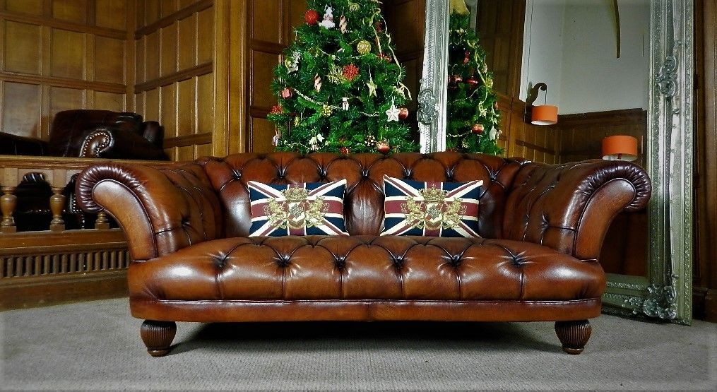 Large Tetrad Grand Tour Oskar Tan Brown Leather Chesterfield 3/4 Seat Club Sofa