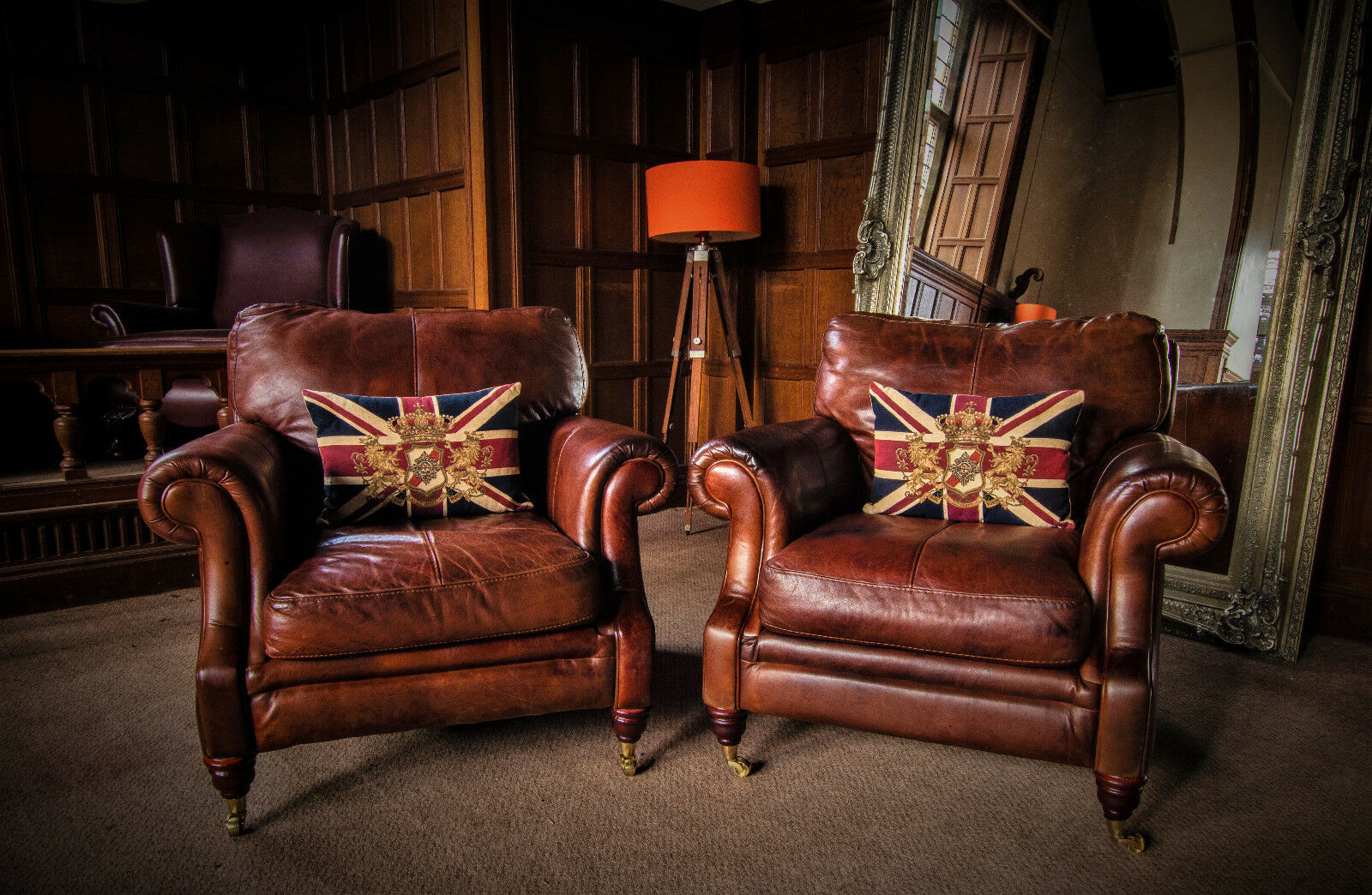 Pair of Victorian Style Chestnut Tan Brown Leather Chesterfield Club Armchairs