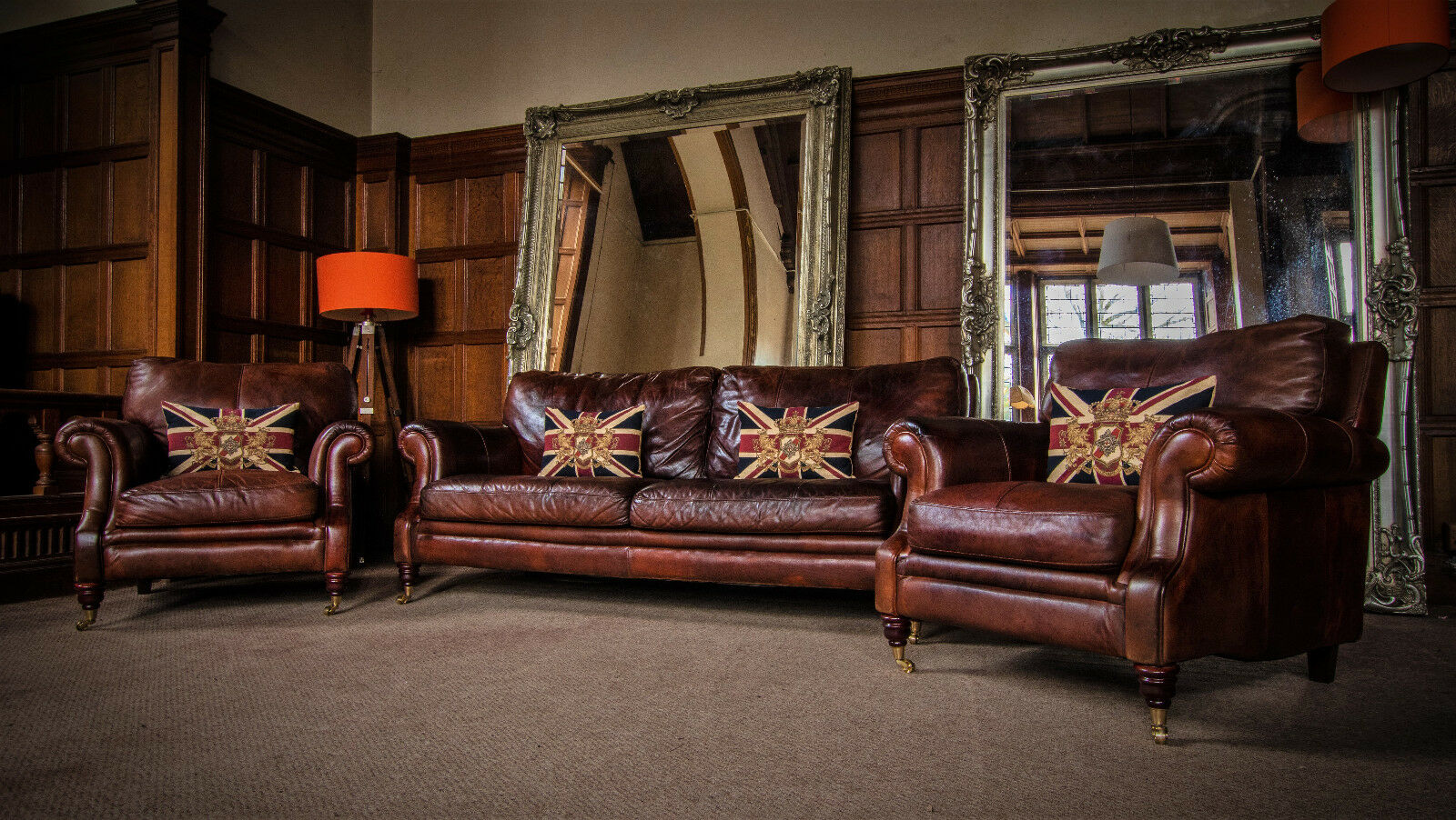 Victorian Style Chestnut Antique Tan Leather Suite 3 Seater Sofa Pair of Chairs