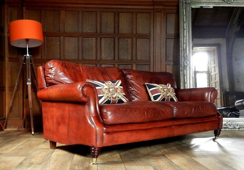 Victorian Style Chestnut Antique Tan Brown Leather 3 Seater Club Sofa 1 of Pair