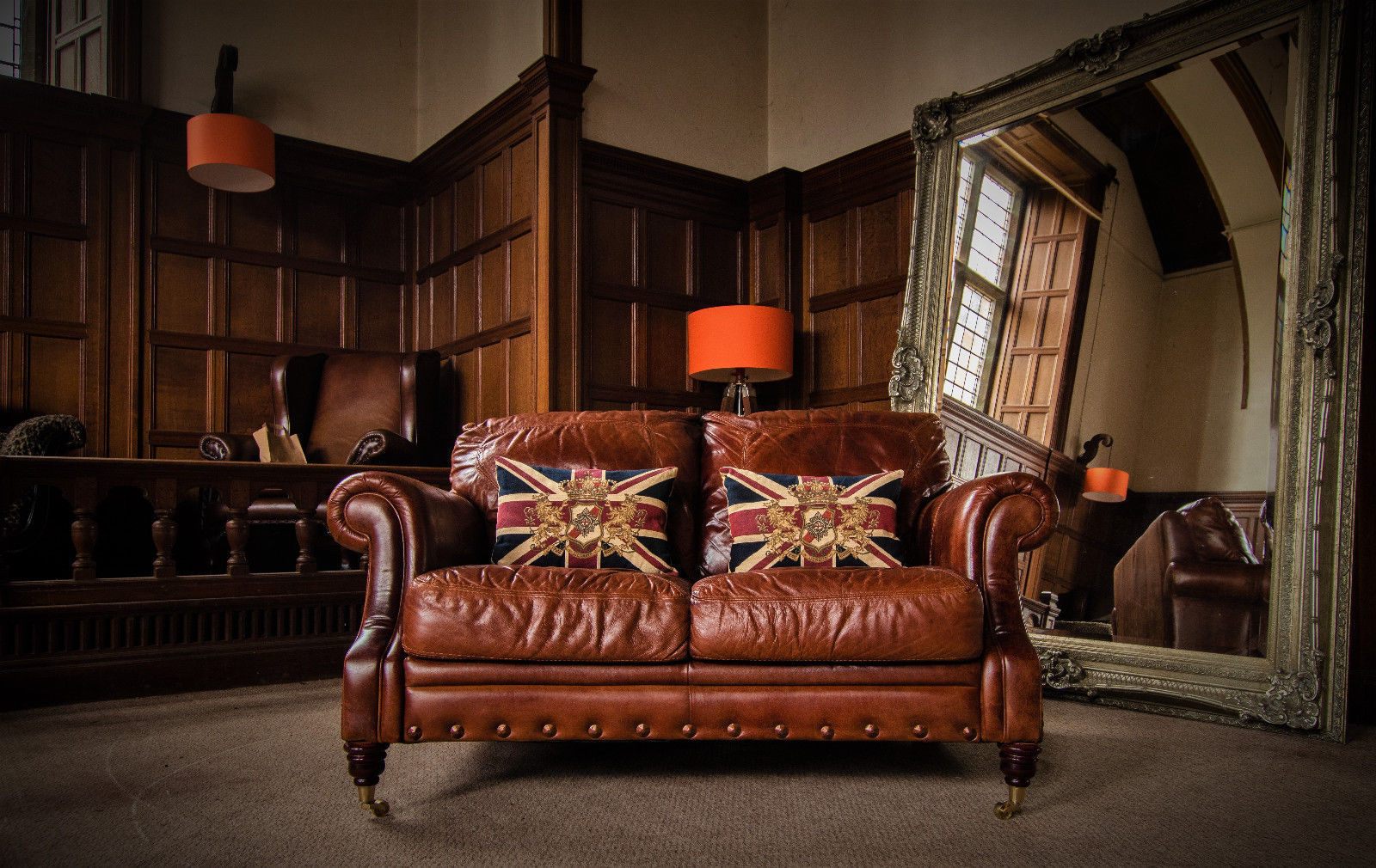 Pair of Victorian Style Chestnut Antique Tan Brown Leather 2 Seater Club Sofas