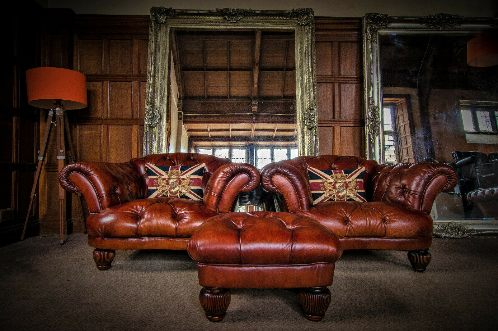 Pair of Tetrad Oskar Chestnut Tan Brown Leather Chesterfield Club Chairs & Stool