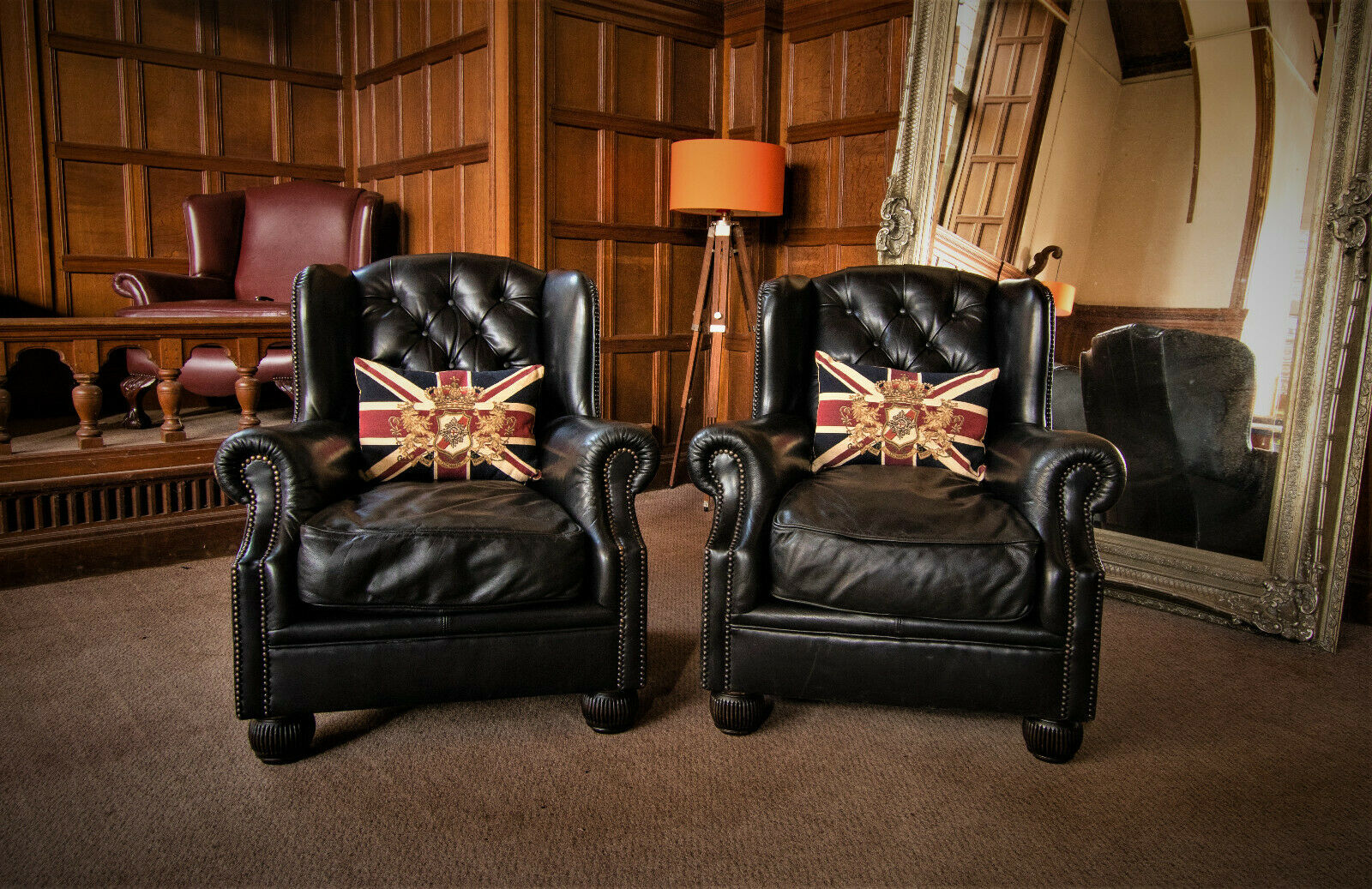 Pair of Tetrad Oskar Conker Black Leather Chesterfield Wingback Library Chairs