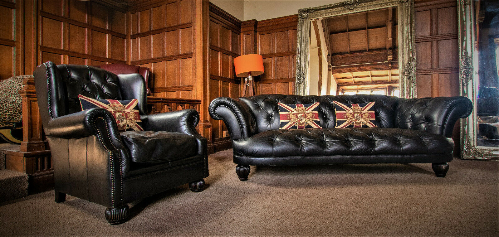 Tetrad Oskar Black Leather Chesterfield Suite 3/4 Seater Sofa & Wingback Chair