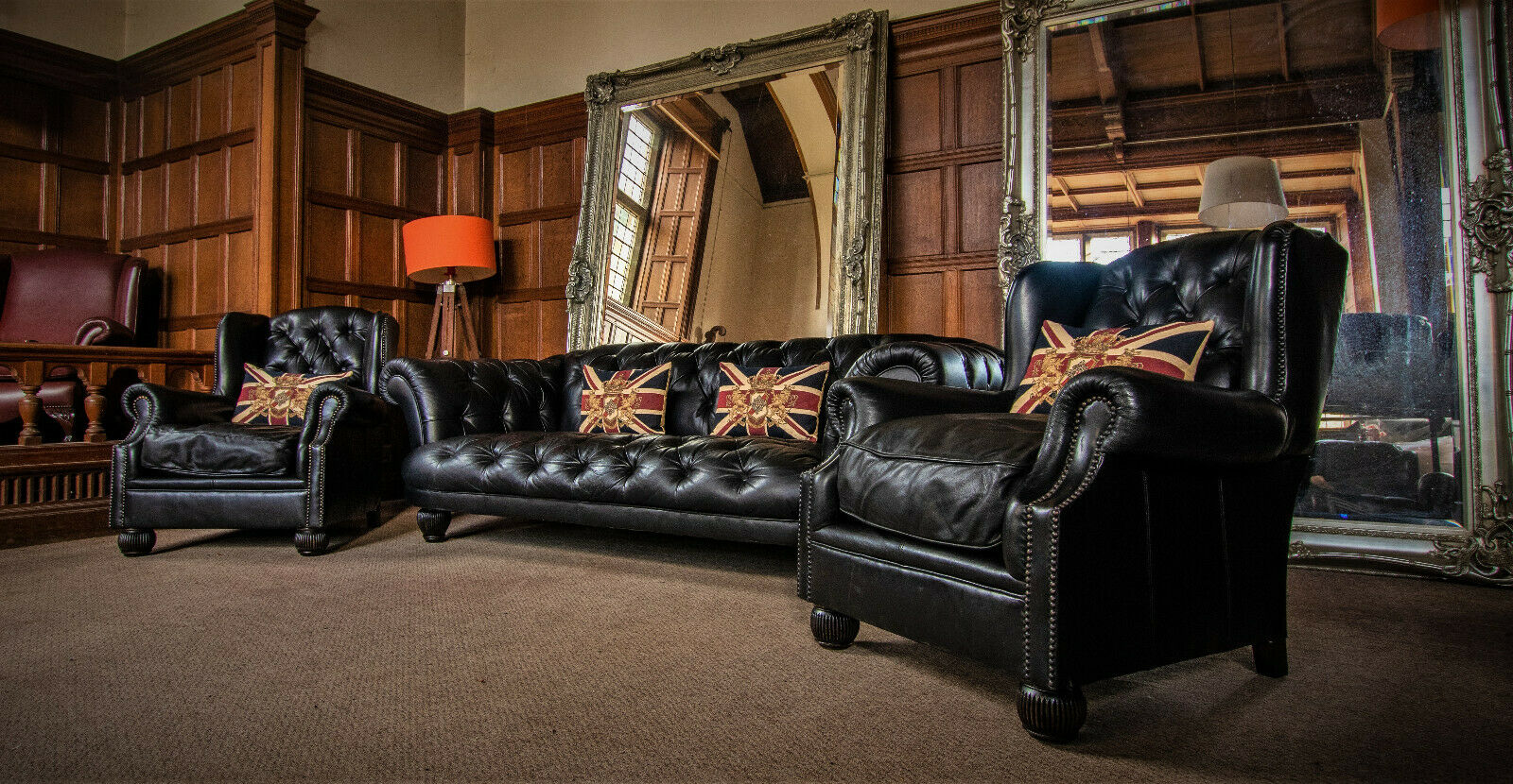 Tetrad Oskar Black Leather Suite 3/4 Seater Sofa Pair of Wingback Club Armchairs