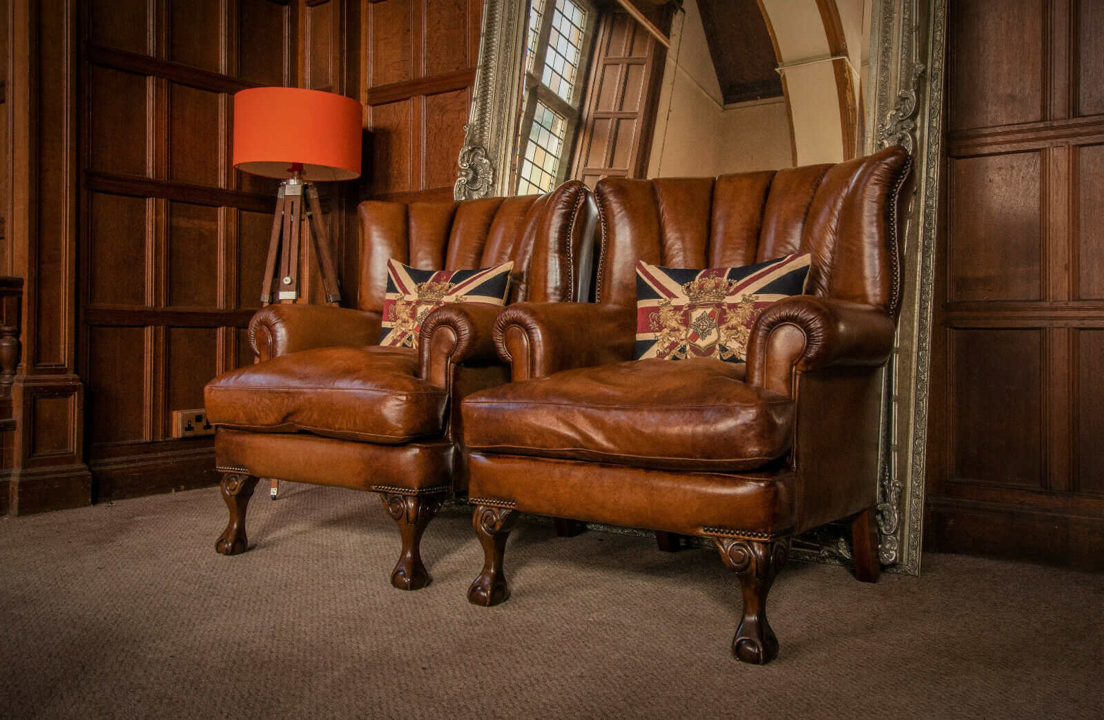 Pair of Tetrad Blake John Lewis Hand Antiqued Tan Brown Leather Club Armchairs