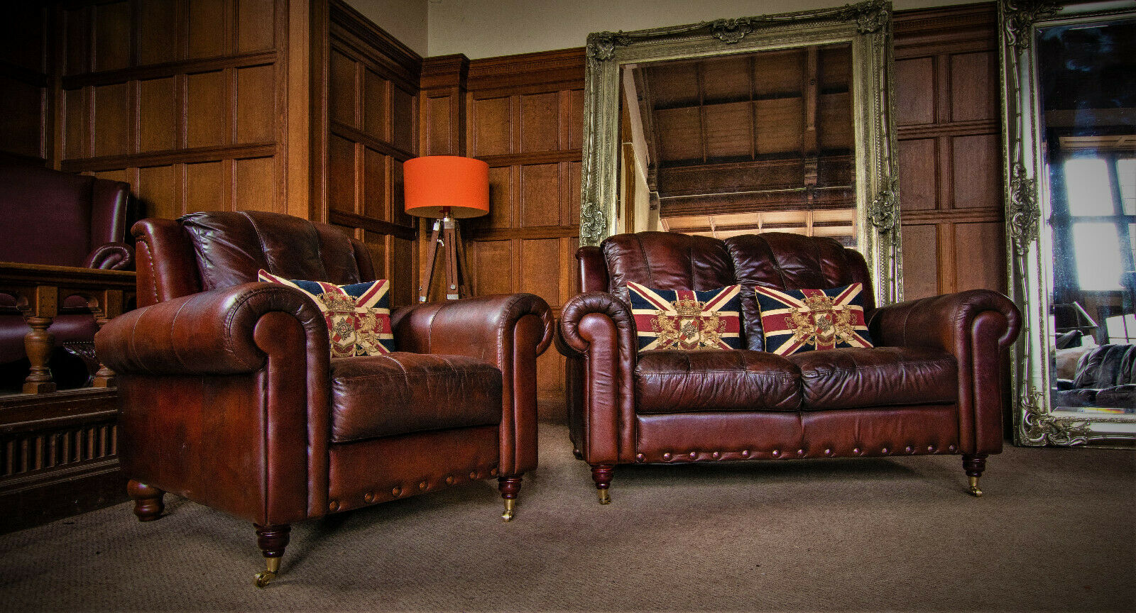 Hand Antiqued Cigar Brown Leather Chesterfield Suite 2 Seater Sofa & Club Chair