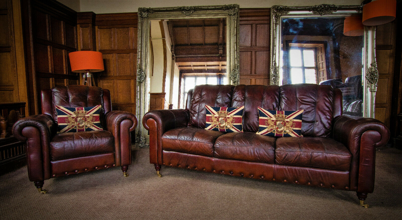 Hand Antiqued Cigar Brown Leather Chesterfield Suite 3 Seater Sofa & Club Chair