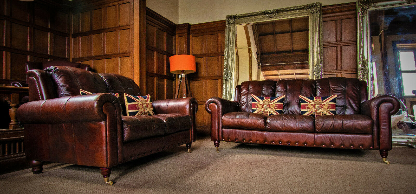 Pair of Cigar Brown Hand Dyed Antique Leather 2 & 3 Seat Chesterfield Club Sofas