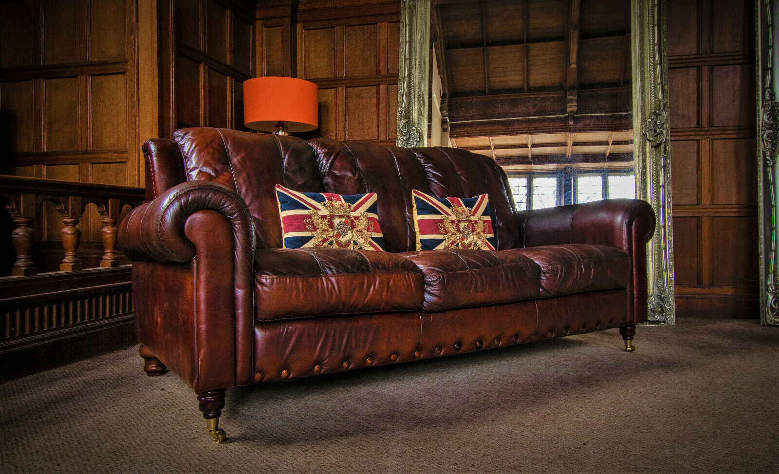 Stud Detail Cigar Brown Hand Dyed Antique Leather 3 Seat Chesterfield Club Sofa