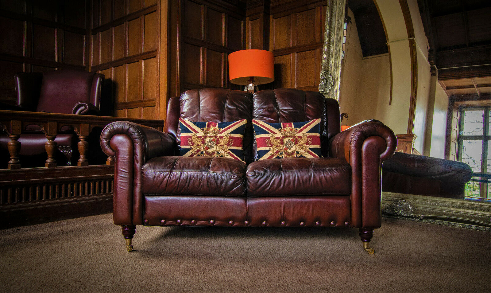 Small Stud Detail Cigar Brown Hand Dyed Leather 2 Seater Chesterfield Club Sofa
