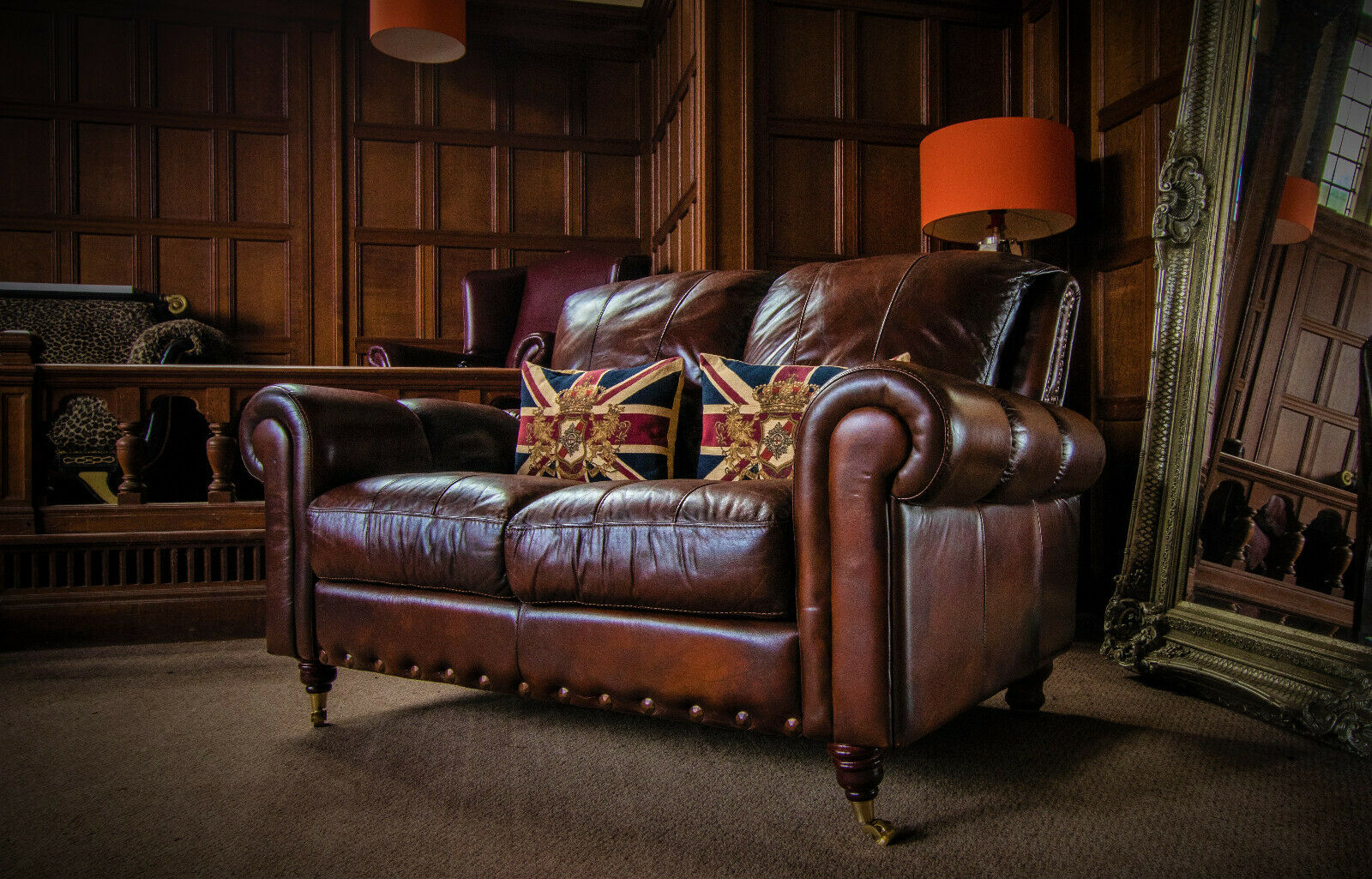 Small Stud Detail Cigar Brown Hand Dyed Leather 2 Seater Chesterfield Club Sofa