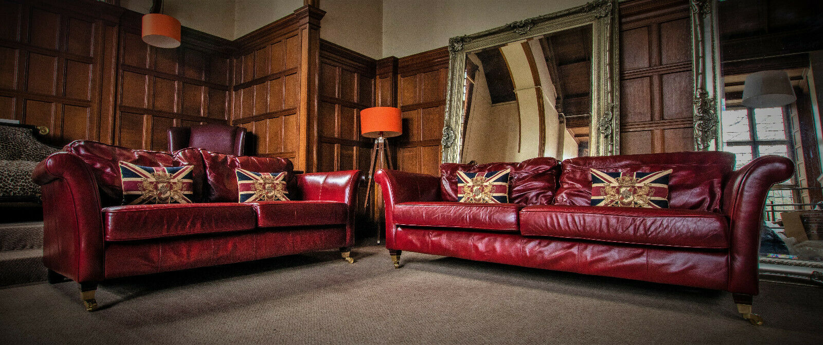 Pair of Brandy Tan Red Leather Chesterfield 2/3 & 3/4 Seater Club Sofas Suite