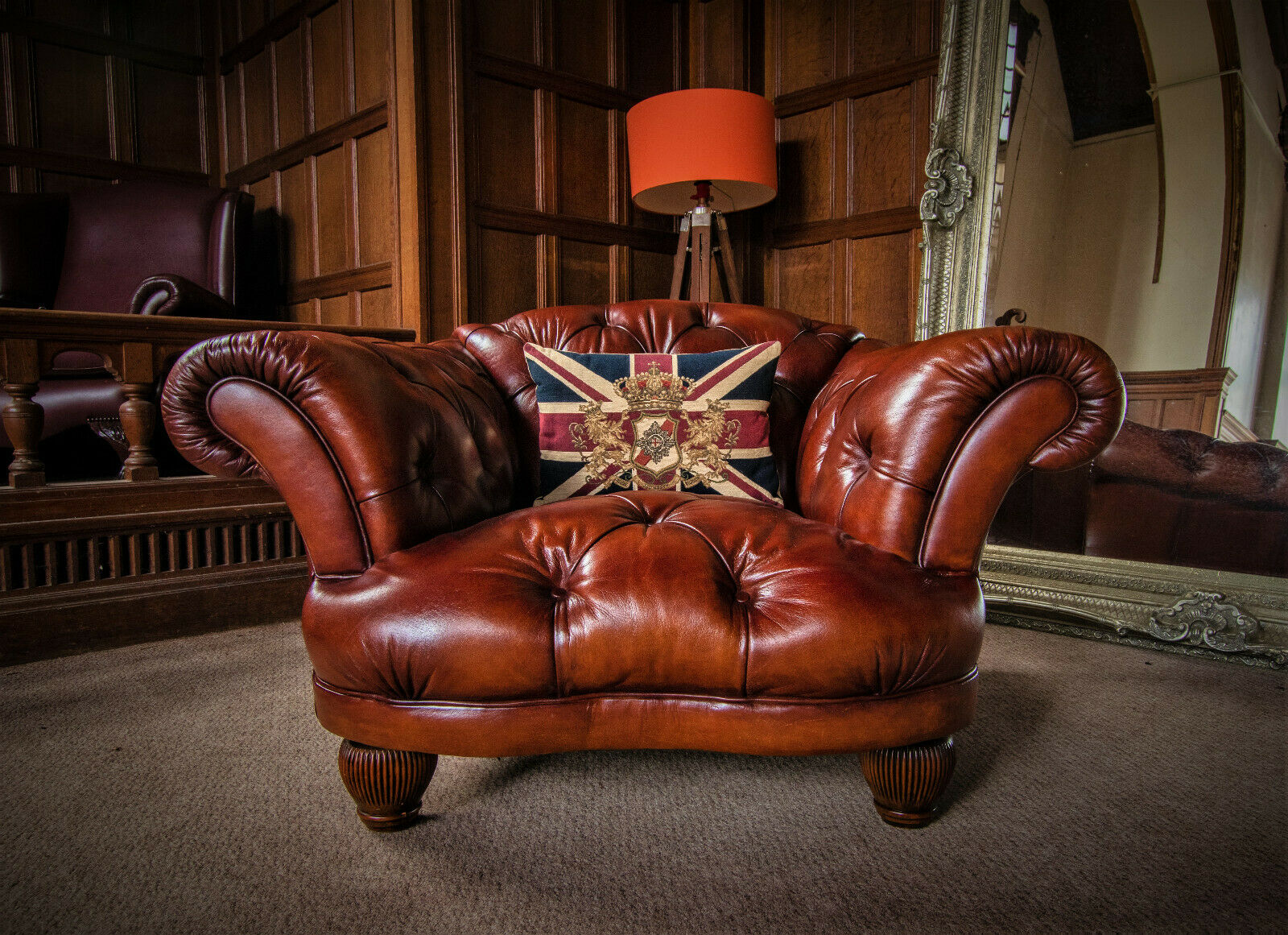 Tetrad Oskar Chestnut Tan Brown Leather Chesterfield Club Armchair 2 of a Pair