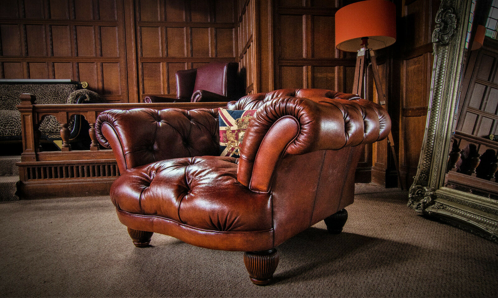 Tetrad Oskar Chestnut Tan Brown Leather Chesterfield Club Armchair 1 of a Pair