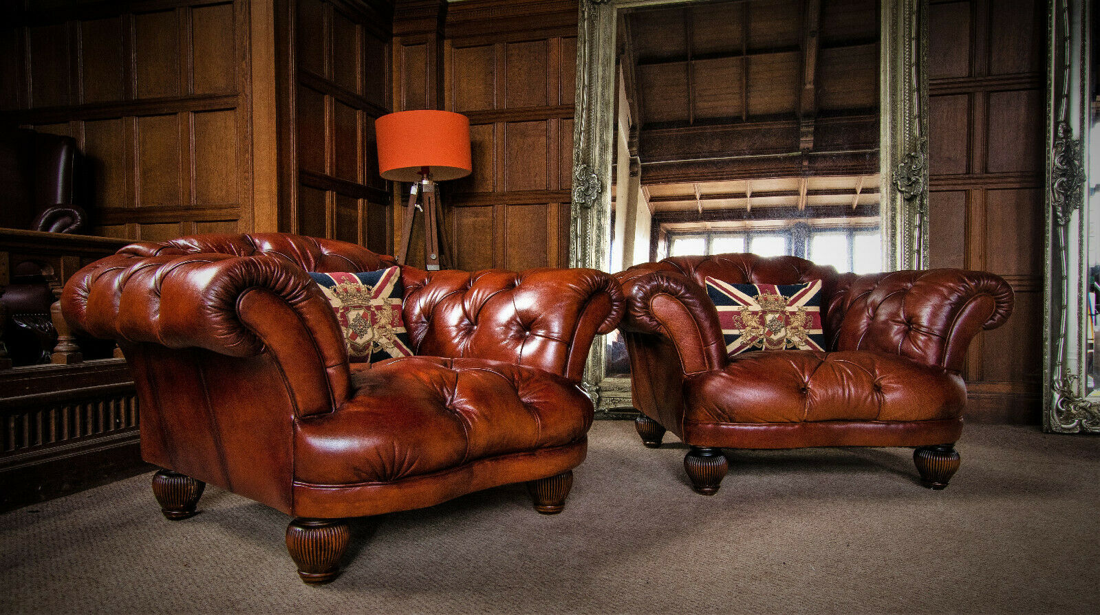 Pair of Tetrad Oskar Antique Chestnut Tan Brown Leather Chesterfield Club Chairs