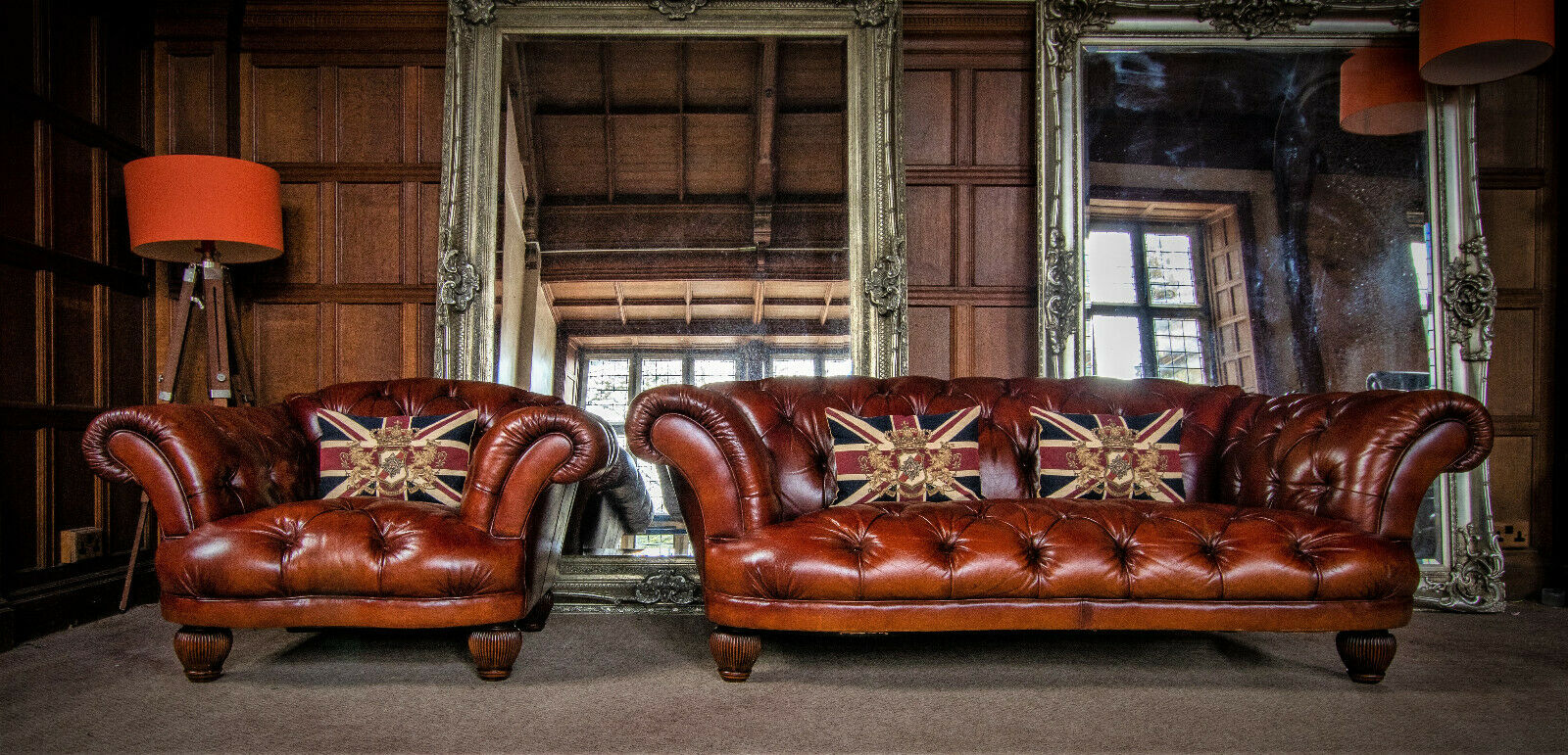 Tetrad Oskar Chestnut Tan Brown Leather Suite Chesterfield 2/3 Seater Sofa Chair