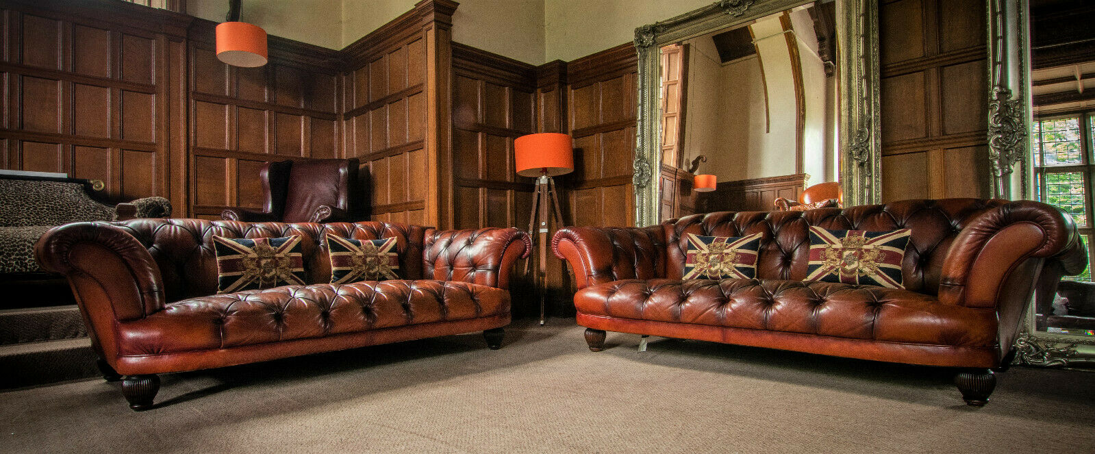 Pair of Grand Tetrad Oskar Brown Tan Leather Chesterfield 3/4 Seater Club Sofas