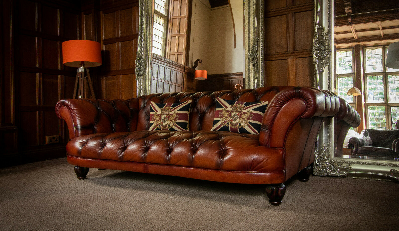 Large Tetrad Grand Oskar Brown Leather Chesterfield 3/4 Seat Club Sofa 1 of Pair