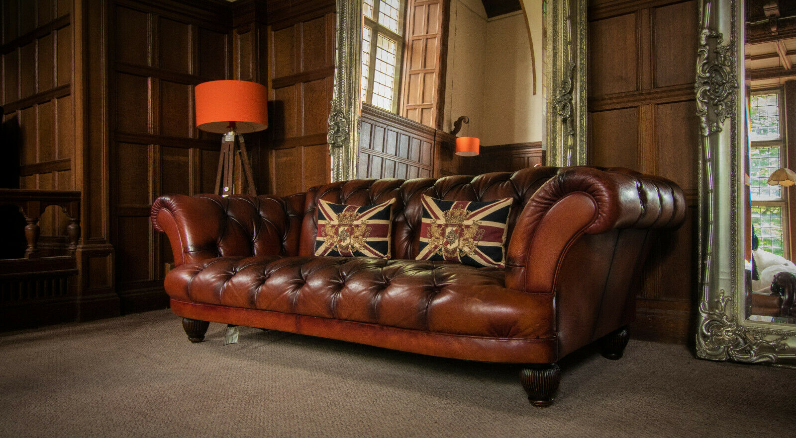 Large Tetrad Grand Oskar Brown Leather Chesterfield 3/4 Seat Club Sofa 2 of Pair