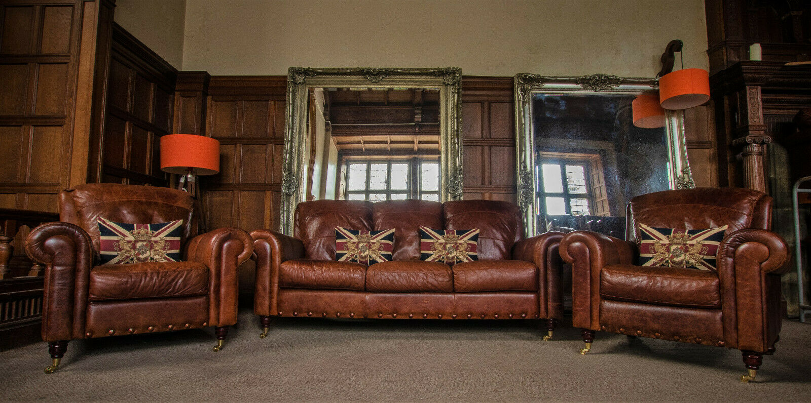 Victorian Style Tan Brown Leather Chesterfield Suite 3 Seater Sofa Pair Chairs