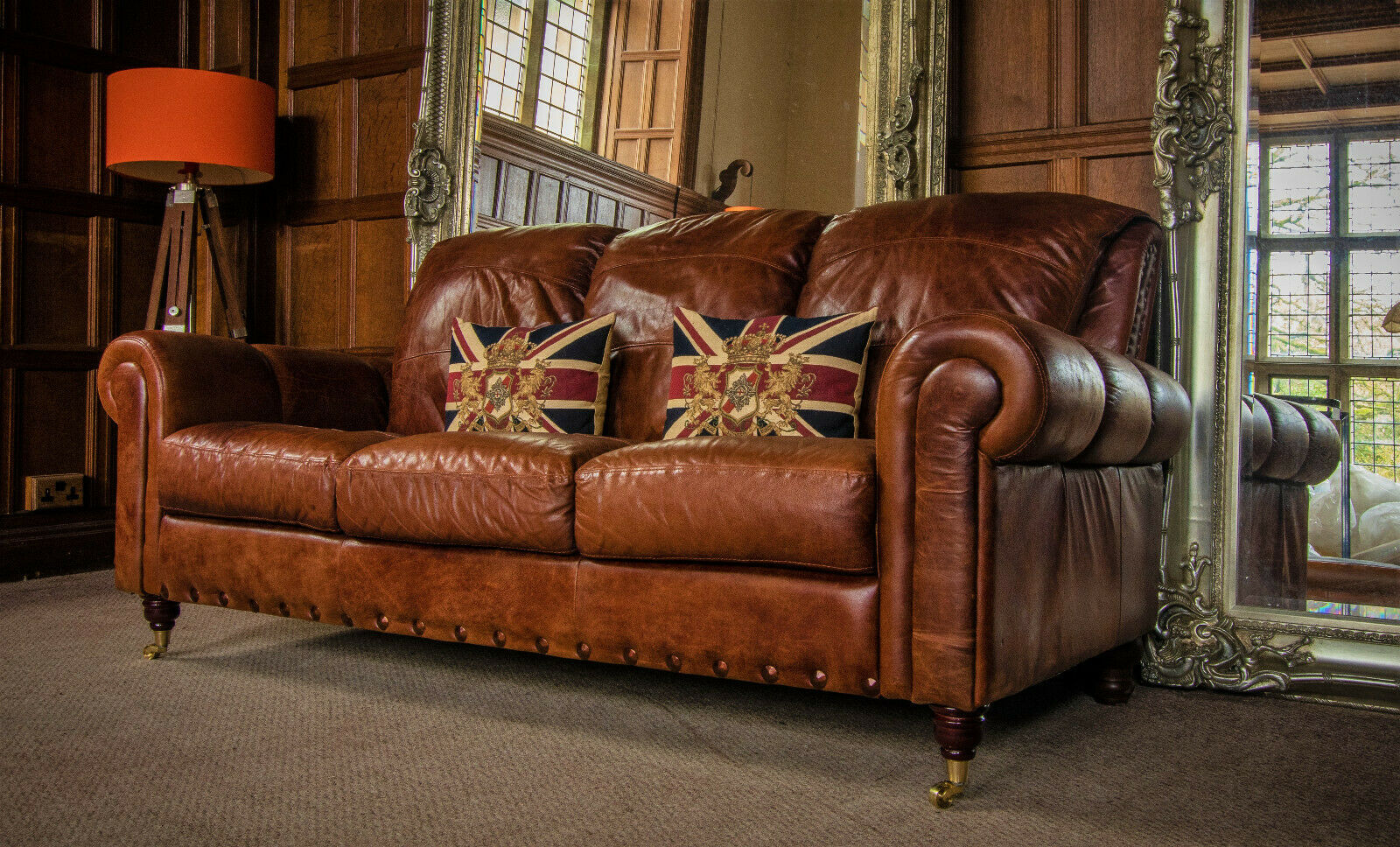 Pair of Victorian Style Antique Hand Dyed Tan Brown Leather 3 Seater Club Sofas
