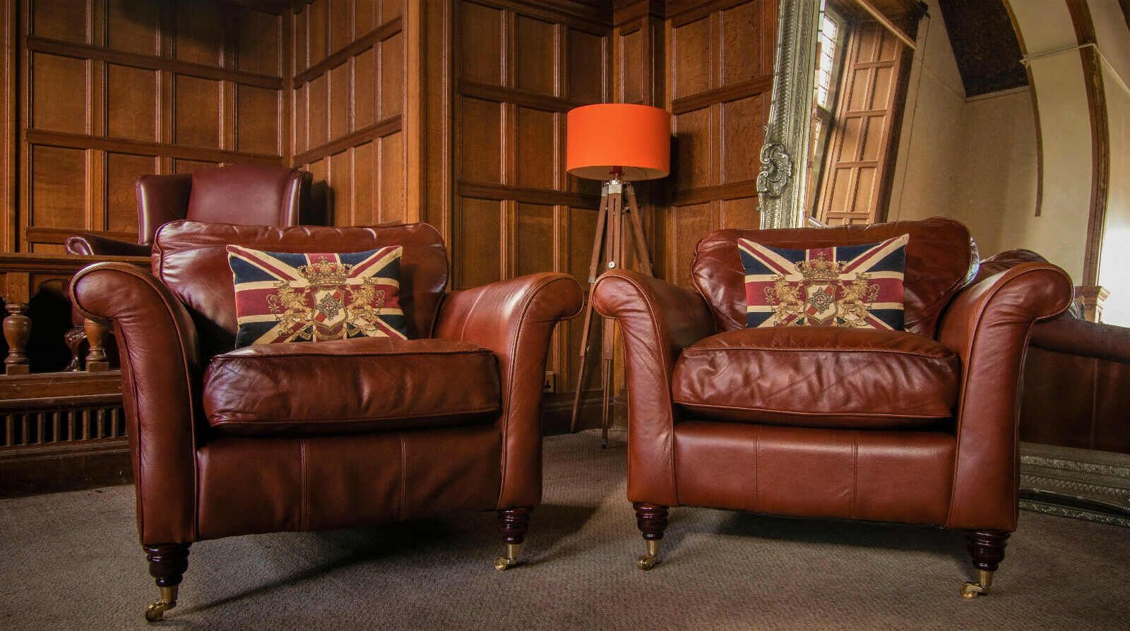 Pair of Victorian Style Brandy Antique Tan Leather Chesterfield Club Armchairs