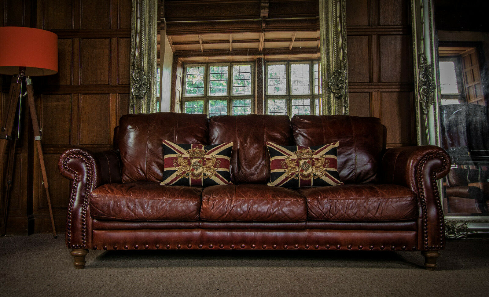 Victorian Style Cigar Antique Brown Stud Leather Chesterfield Club 3 Seater Sofa