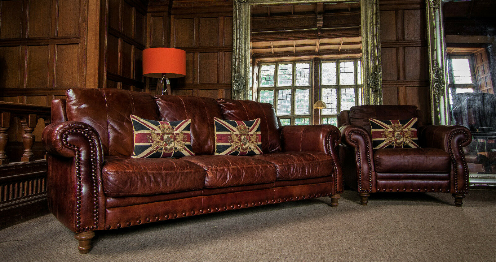 Victorian Style Cigar Antique Brown Leather Chesterfield Suite Club Sofa & Chair