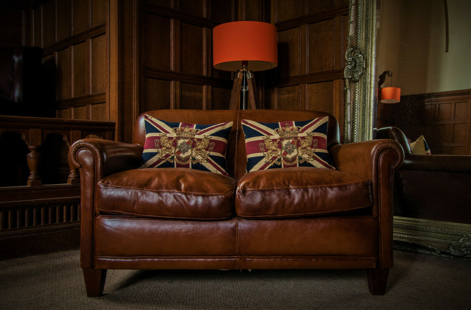 Laura Ashley Burlington Tetrad Tan Brown Leather Small 2 Seater Club Sofa