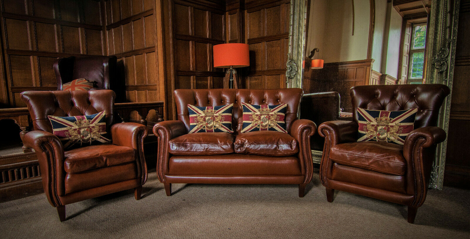 Tetrad Coleridge Chestnut Tan Chesterfield Leather Suite Sofa & Pair of Chairs