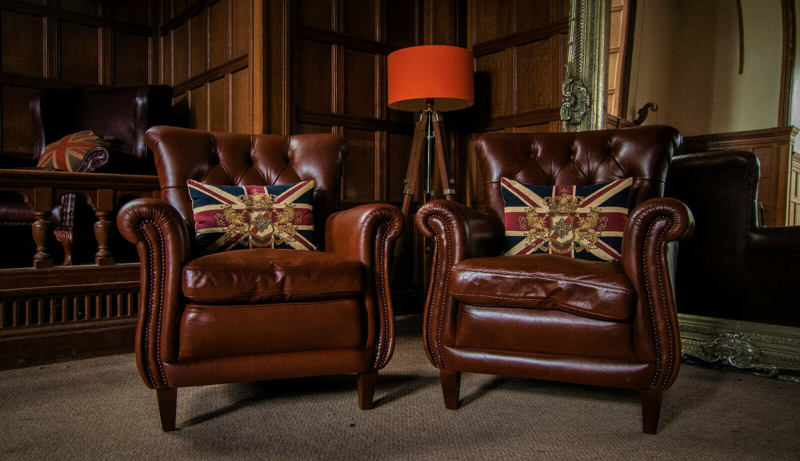 Pair of Tetrad Coleridge Chestnut Tan Brown Chesterfield Leather Club Armchairs