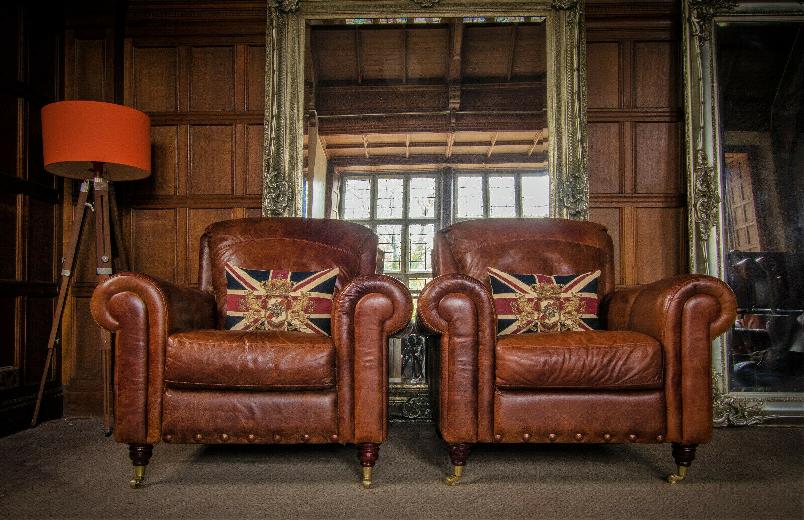 Pair of Victorian Style Chestnut Tan Brown Leather Chesterfield Club Armchairs