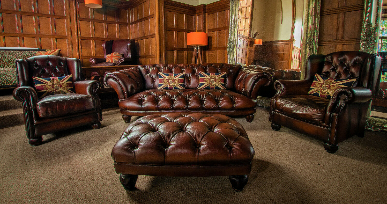 Tetrad Oskar Brown Leather Suite 3/4 Seater Sofa Pair of Wingback Chairs & Stool