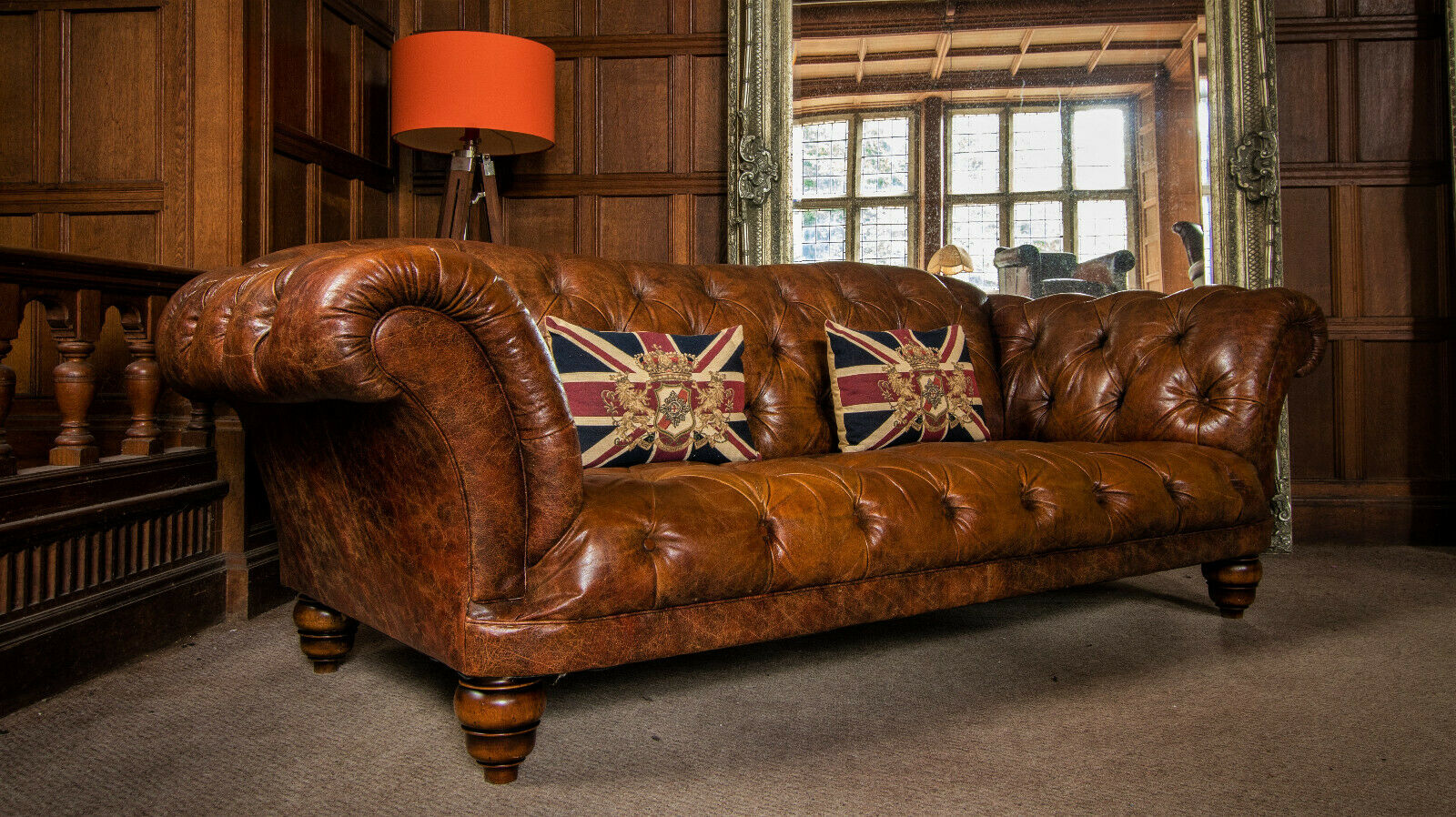 Tetrad Grand Ribchester Distressed Tan Brown Leather Chesterfield 3/4 Seat Sofa