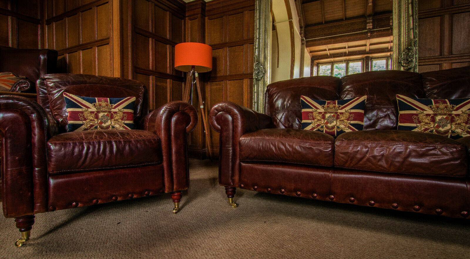 Victorian Style Cigar Antique Brown Leather Chesterfield Suite Club Sofa & Chair