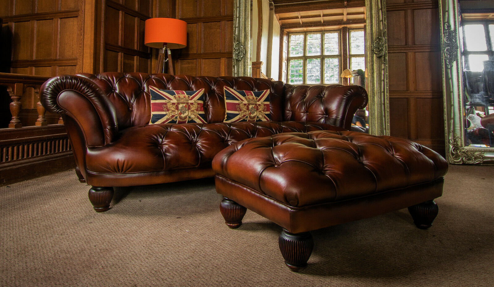Tetrad Oskar Antique Brown Leather Chesterfield 3/4 Seater Club Sofa & Footstool