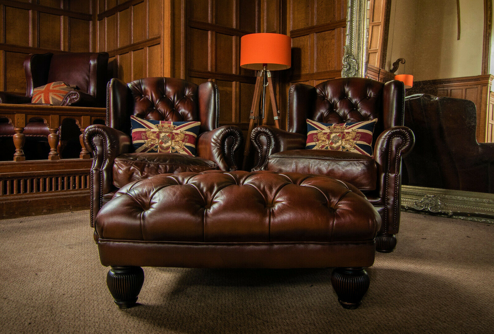 Pair of Tetrad Oskar Cigar Brown Leather Chesterfield Wingback Armchairs & Stool