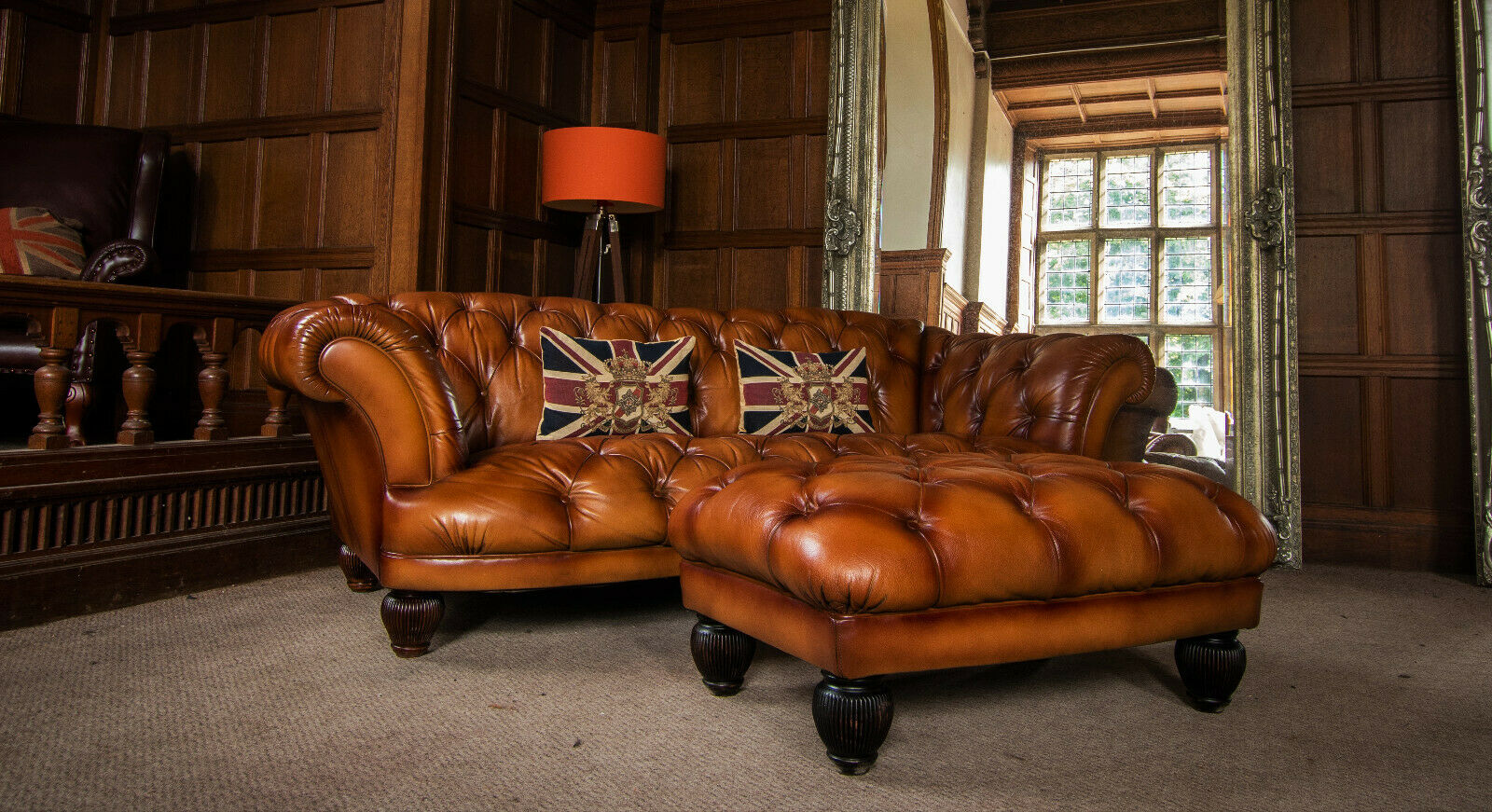 Tetrad Oskar Light Tan Leather Chesterfield 3/4 Seater Club Sofa & Footstool